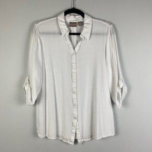 Chicos Shirt Blouse Button Front Tab Sleeves White Rayon Size 2 US Large